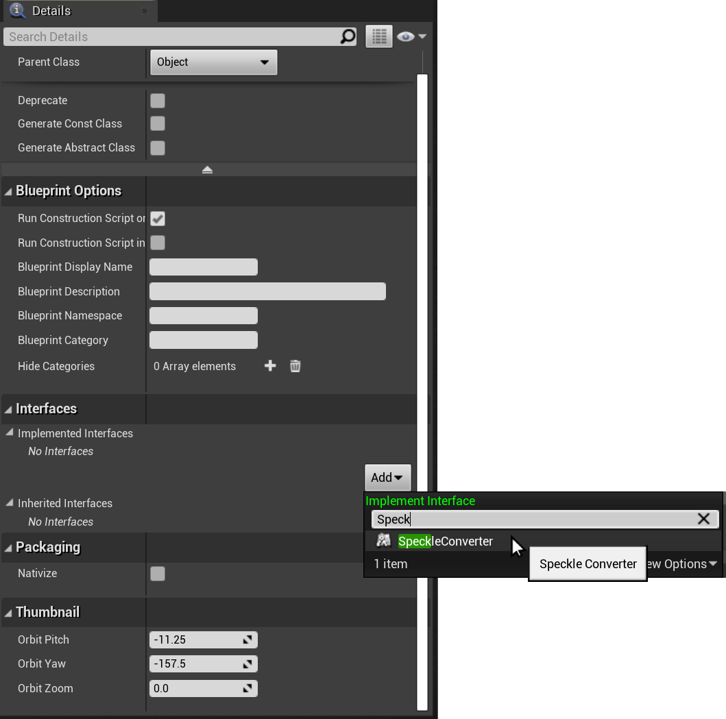 Screenshot of the blueprint details, showing adding ISpeckleConverter as an implemented interface